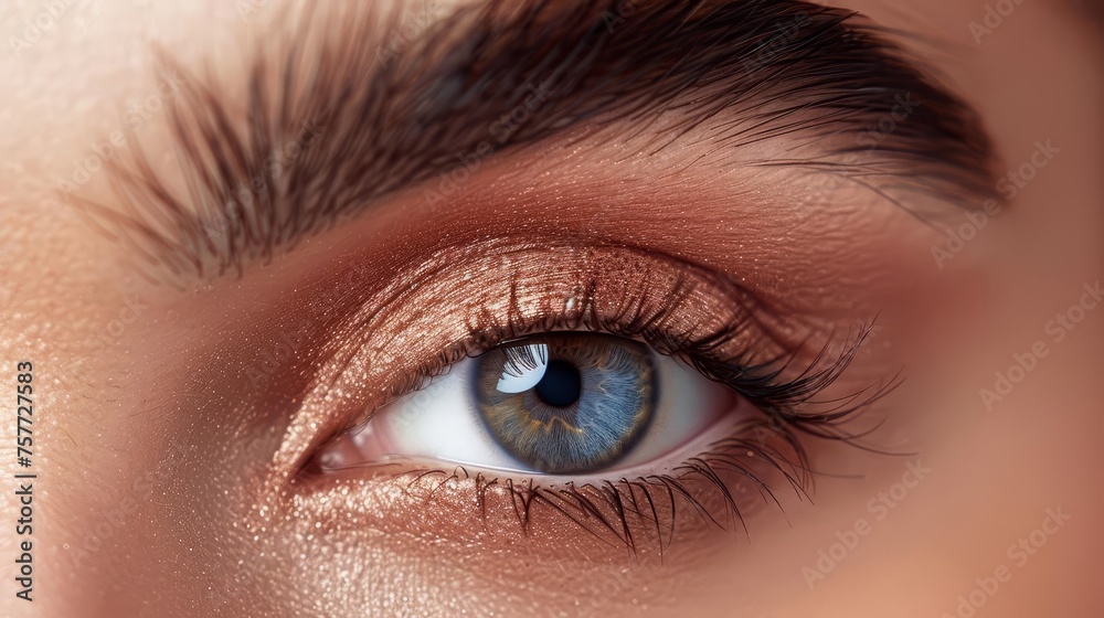 Close-up macro shot of a beautiful female eye with natural makeup and long lashes