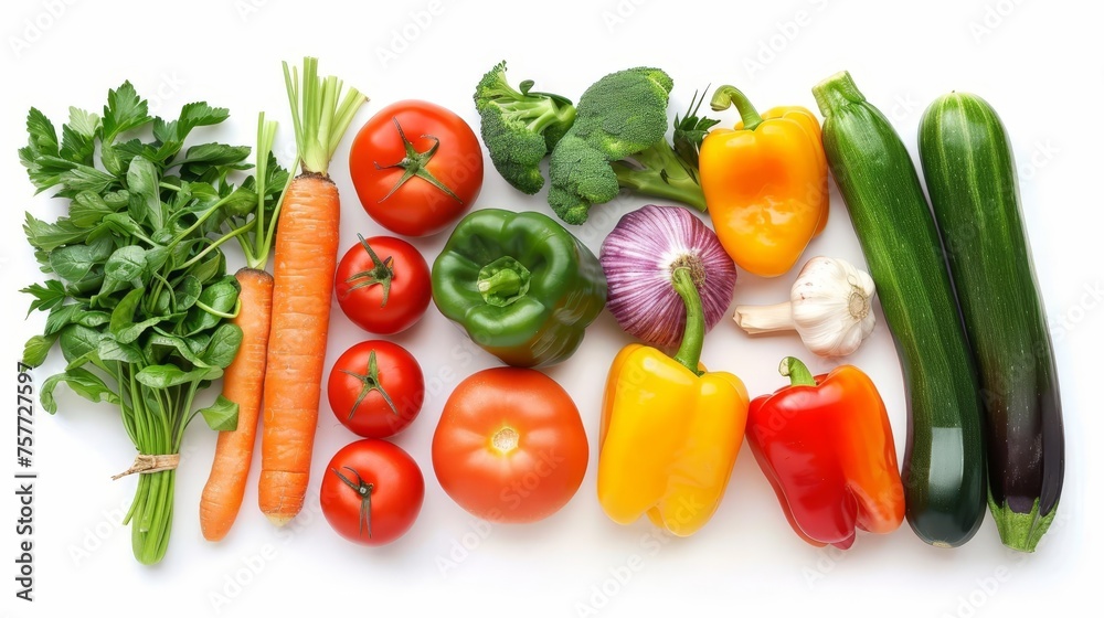 Colorful and fresh vegetables arranged on a white background, creating a healthy food concept