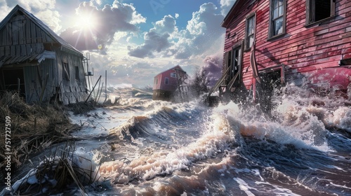 hurricanes hitting the sea coast Showing the giant waves crashing onto the shore. Rusted houses. photo