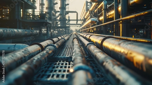 Close-up view of a pipeline and pipe rack in a petroleum, chemical, hydrogen, or ammonia industrial plant, showcasing the complex network of infrastructure within the industrial zone