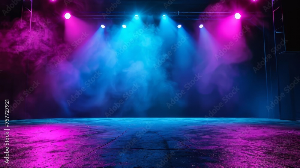 Dark stage with empty blue, purple, and pink background, illuminated by neon lights and spotlights, featuring a smoky atmosphere and asphalt floor texture, perfect for product displays