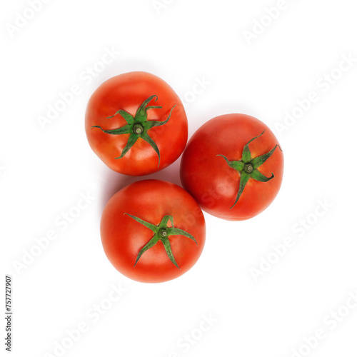 Tomatoes, closeup and studio for health, wellness or organic diet on countertop. Fruit, nutrition or produce for eating, gourmet and meal or cuisine with vitamins with high angle on white background