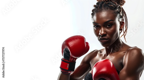 A young African female boxer posing against a studio white backdrop with a big space for text or product, Generative AI.