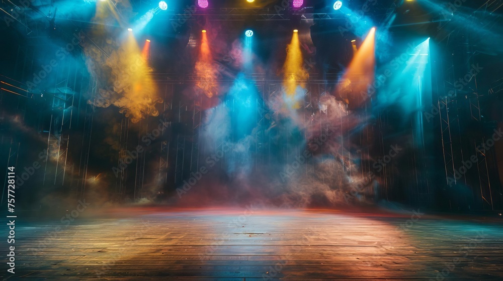 Dramatic theater stage illuminated by colorful spotlights and smoke effects