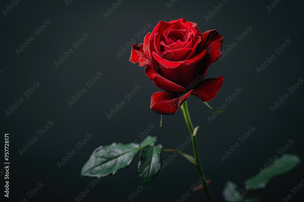 Naklejka premium Red Rose On An Unusual Black Background For Design And Background Is Created Using Artificial Intellect
