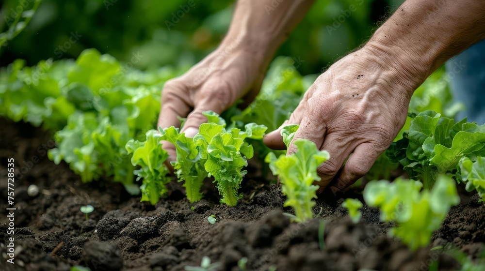 Farmer's hands gently planting young lettuce seedlings in a lush vegetable garden, nurturing the growth of fresh, organic produce with care and dedication Farmer's hands gently planting young lettuce seedlings in a lush vegetable garden, nurturing the growth of fresh, organic produce with care and dedication