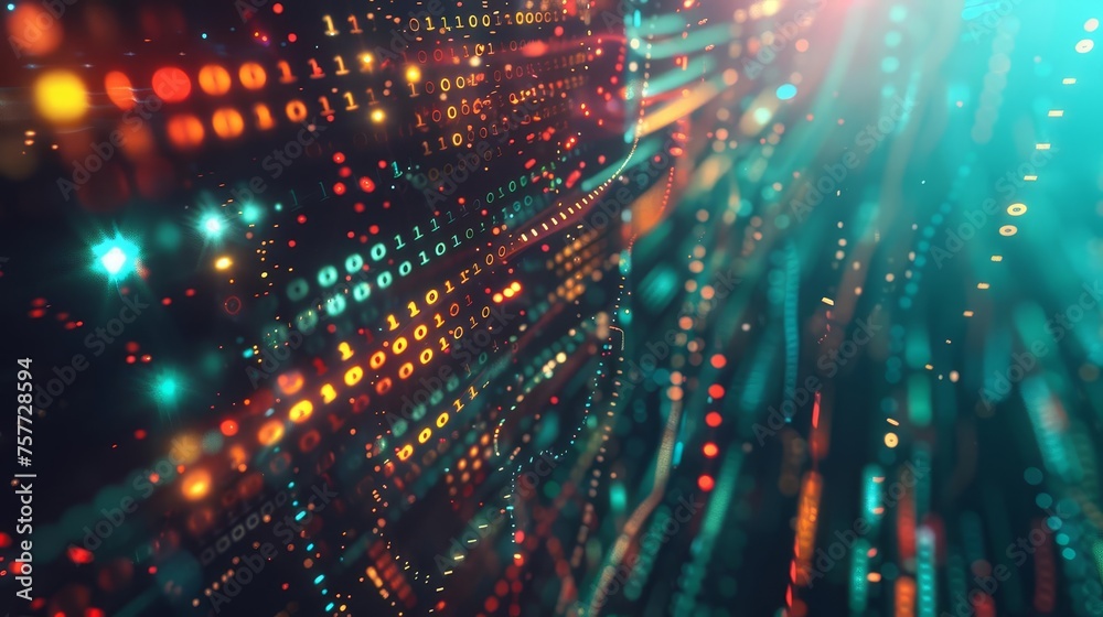 Futuristic abstract illustration of data flowing through a network of nodes, with binary code and AI algorithms Futuristic abstract illustration of data flowing through a network of nodes, with binary code and AI algorithms