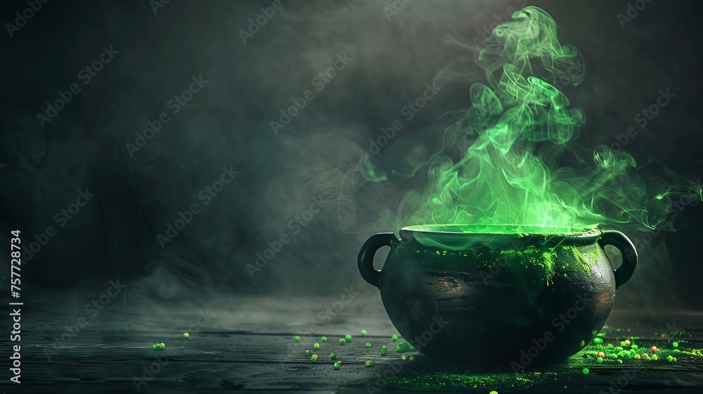 Glowing Green Potion in Cauldron Isolated on Dark Foggy Background, Magical and Mystical Glowing Green Potion in Cauldron Isolated on Dark Foggy Background, Magical and Mystical