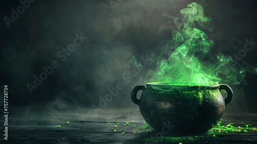 Glowing Green Potion in Cauldron Isolated on Dark Foggy Background, Magical and Mystical