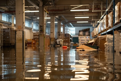 Aftermath of a flood inside a warehouse, water damaged industrial building © Boraryn
