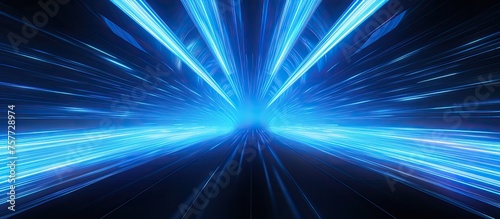 A distorted image of an electric blue light emitting rays from the center, resembling a lens flare. The colors mix with purple and violet, creating a symmetrical pattern in a spacelike setting