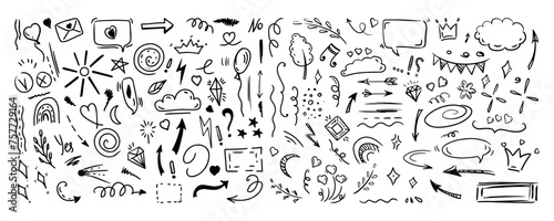 Simple sketch line style elements. Doodle cute ink pen line elements isolated on white background. Doodle arrow, heart, star, decoration symbol, icon set. Vector illustration..