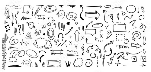 Simple sketch line style elements. Doodle cute ink pen line elements isolated on white background. Doodle arrow, heart, star, decoration symbol, icon set. Vector illustration..