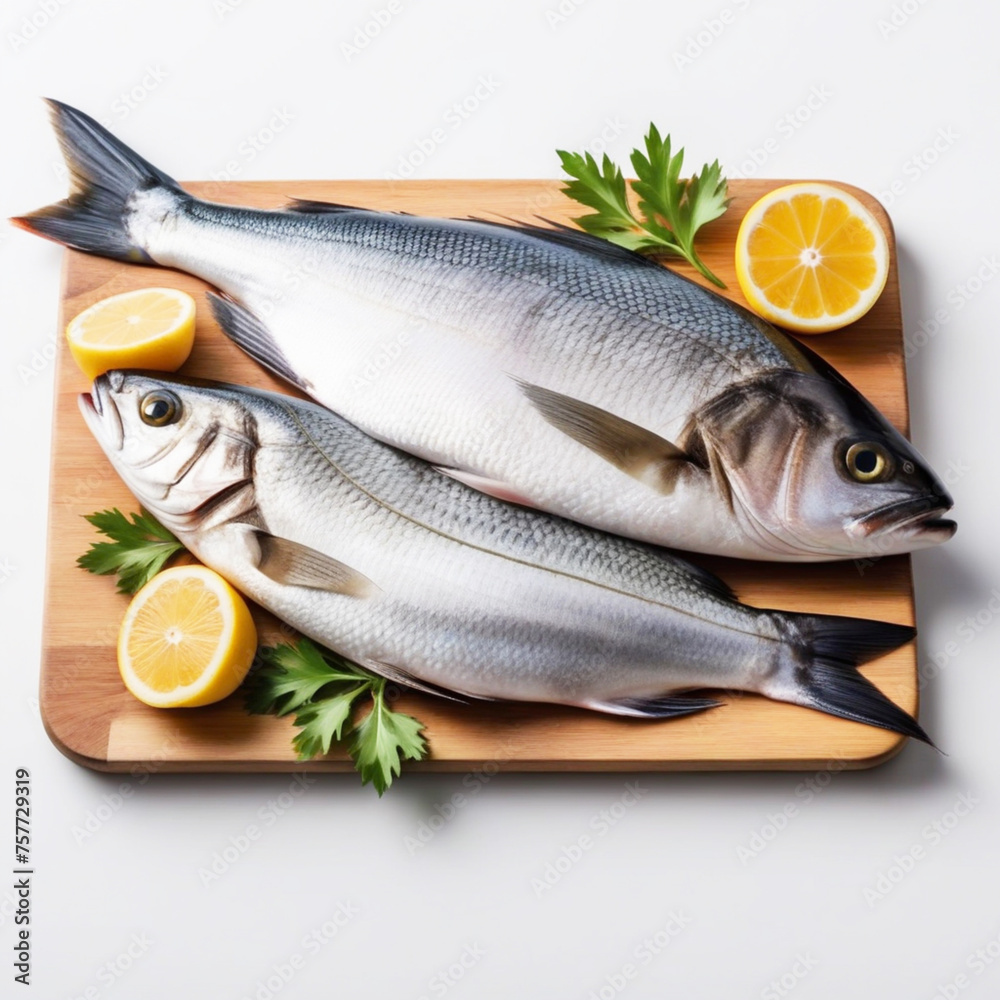 Fresh fish on a plate with lemon slice, isolated