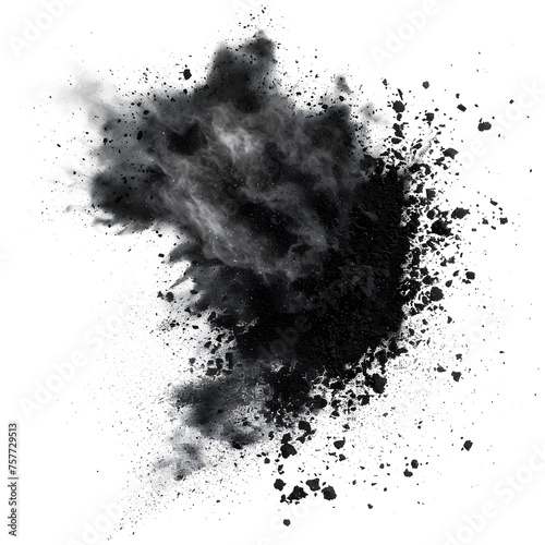 Black chalk pieces and dust flying, effect explode isolated on white and transparent background