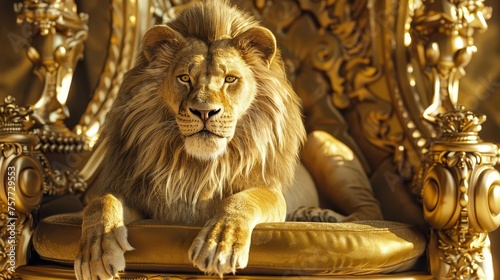 Majestic lion king sitting regally on an ornate golden throne