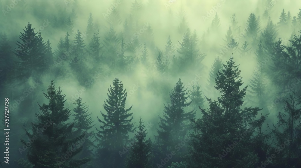 Misty landscape featuring a dense fir forest, captured in a vintage, retro style that evokes a sense of nostalgia and mystery