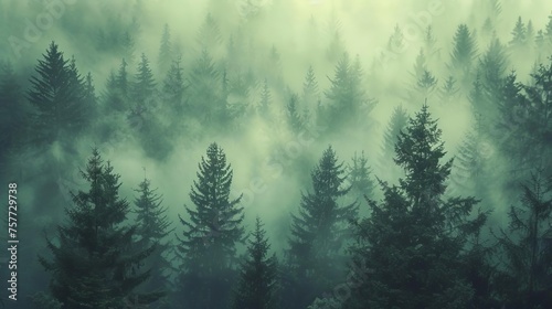 Misty landscape featuring a dense fir forest, captured in a vintage, retro style that evokes a sense of nostalgia and mystery © Bijac