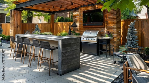 Outdoor entertainment area with built-in barbecue and bar setup for hosting gatherings