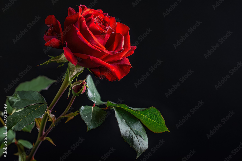 Naklejka premium Red Rose On An Unusual Black Background For Design And Background Is Created Using Artificial Intellect