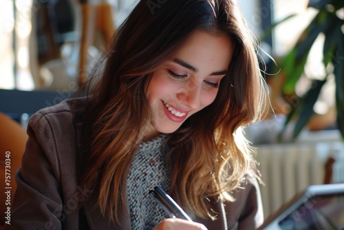 Smiling woman writing notes on tablet digital device