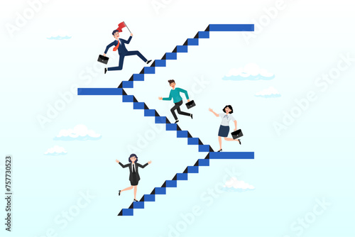 Business people walk up stair to next level floor to the top, career path or improvement, growth stair to success, job promotion or business competition, aspiration or motivation to succeed (Vector)