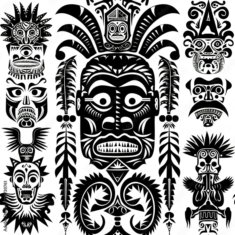 Tribal Masks and Artifacts: Intricate designs based on tribal art from around the world. Seamless Pattern, Fabric Pattern, Tumbler Wrap, Mug Wrap.