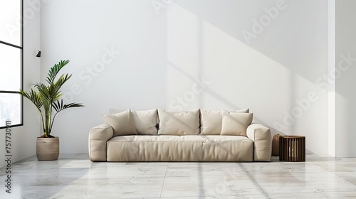 Stylish modern living room interior with vacant white wall, beige couch, and minimalist decor, blank space for personalization photo
