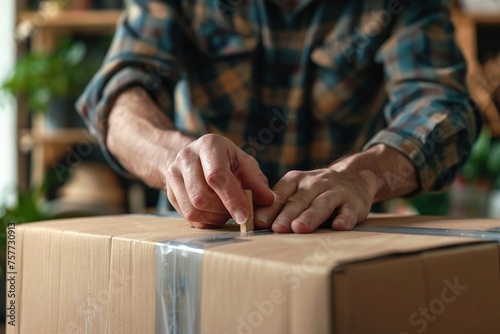 Closeup of a man's hands taping a cardboard box, preparing it for shipment in an e-commerce