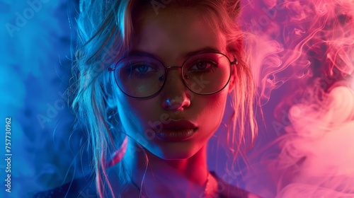 Stylish young female model with blonde hair and glasses, surrounded by atmospheric neon lighting and smoke effects