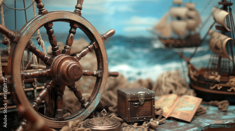 A ship's wheel and map guide the journey.