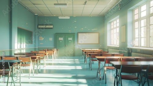 Empty classroom with vacant student desks in a bright classroom  lockdown pandemic or out of school concept