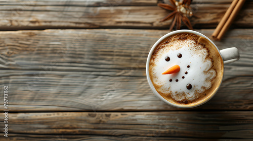 Seasonal funny Snowman Latte Art Coffee on wooden background. copy space. generative ai 