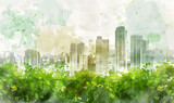 Abstract watercolor cityscape with green foliage,Generative AI  