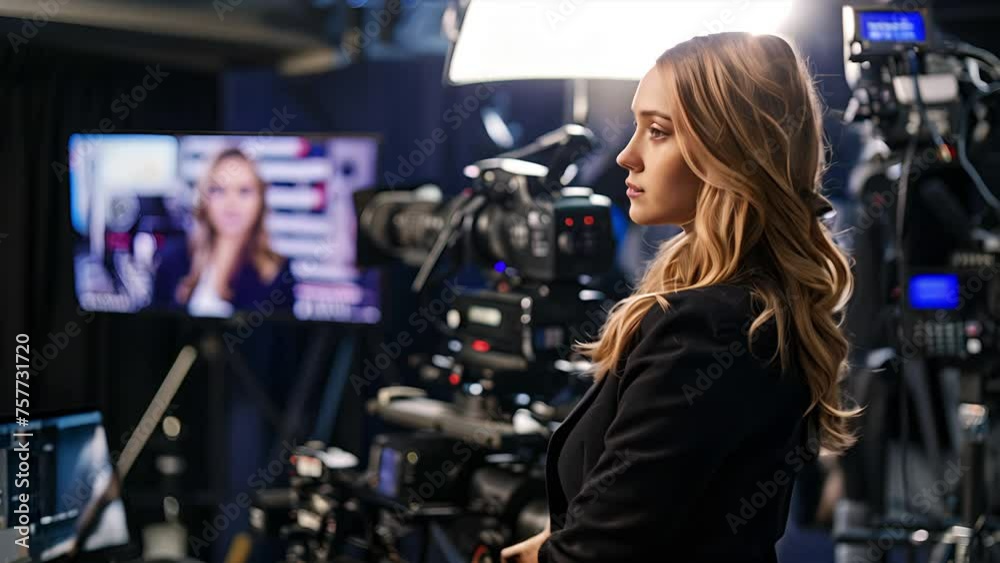 Young blond Caucasian female local TV news reporter in profile on set as she waits for the ad break to end Young blond Caucasian female local TV news reporter in profile on set as she waits for the ad break to end