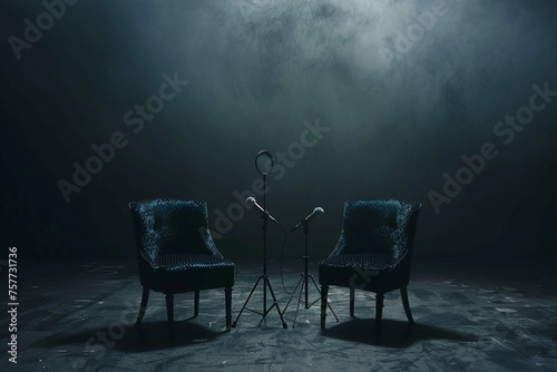 Two chairs and microphones in podcast or interview room isolated on dark background as a wide banner for media conversations or podcast streamers concepts with copyspace