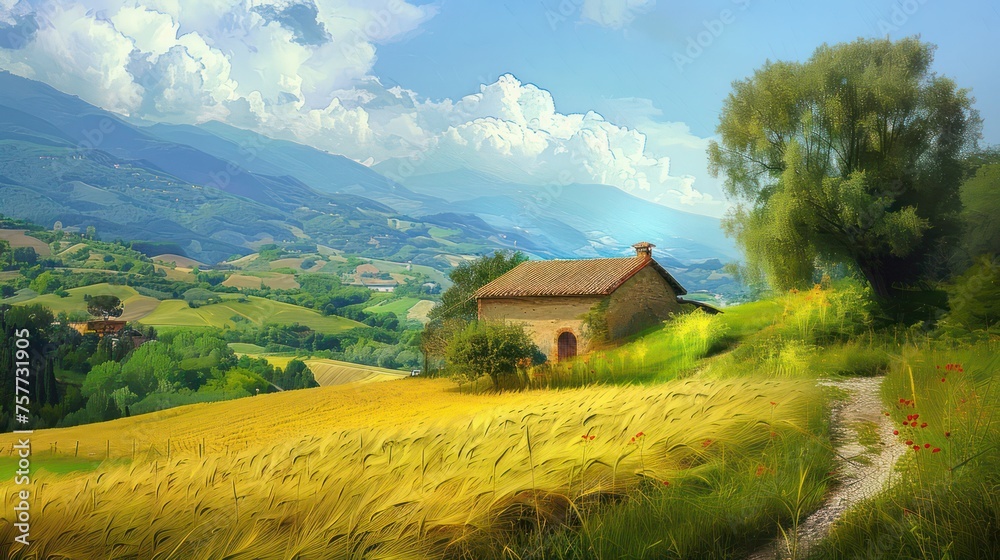 A beautiful, calm countryside brought to life in textured oil painting.
