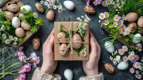 Hands presenting a gift box with natural speckled eggs, adorned with fresh greenery and delicate flowers, celebrating the artisanal spirit of Easter.