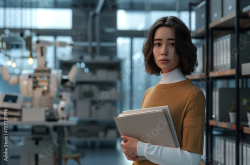 Young Professional Woman Contemplating in a High-Tech Robotics Lab