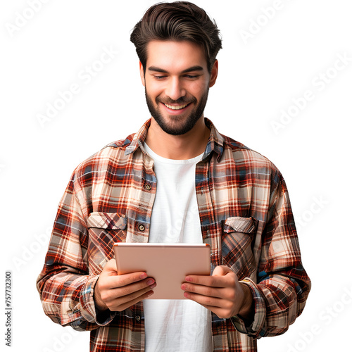 A good-looking young man beams with joy as he uses a tablet on a white background.