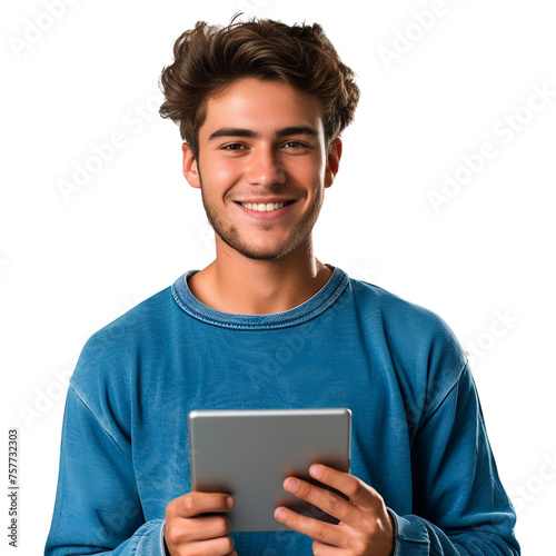 Handsome young American man smiles happily while using a tablet on a transparent white background.