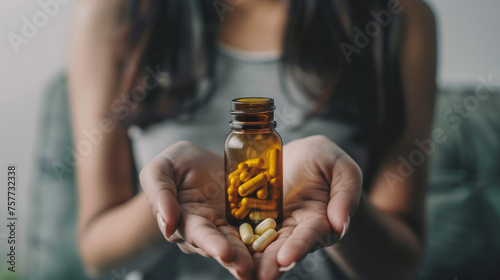 Closeup woman hands holding medicine bottle with pills. Medicine and healthcare, pharmacy, diseases, cure, medication concept.
