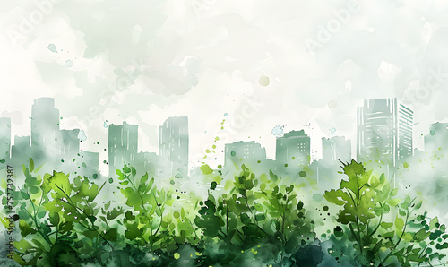Abstract watercolor cityscape with green foliage,Generative AI 