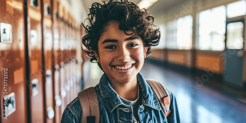 Portrait of an international student excited child in school hallway with lockers. Youth subculture gen generation z young self-expression confidence concept. Copy paste photo