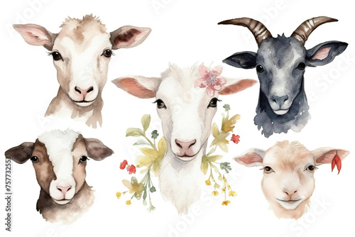 sheep Watercolor domestic goat cute animals farm Heads Rural Cow animals life