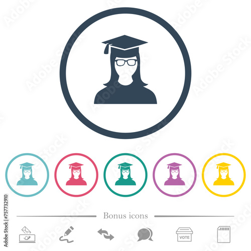 Graduate female avatar flat color icons in round outlines