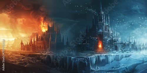 A castle made of ice and fire with one half frozen and the other ablaze standing on a border between two realms