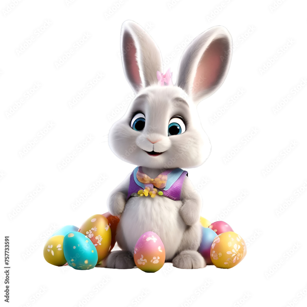 cute easter bunny with eggs on transparent background