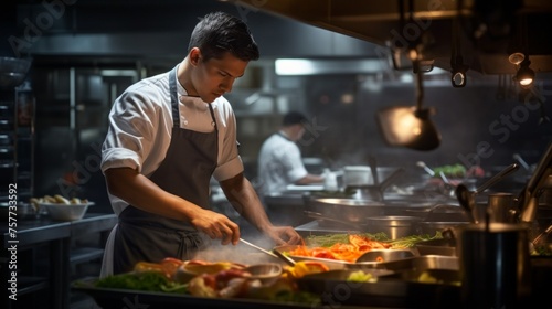 Closeup of concentrated male chef garnishing food in the kitchen