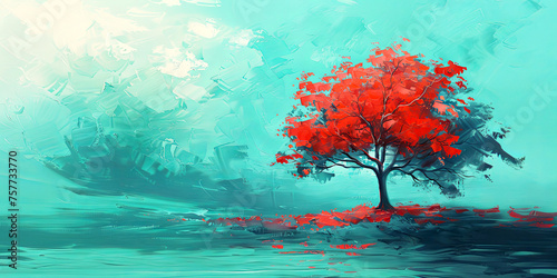 Abstract summer landscape. Red tree painting. Banner, copy space